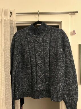 Navy Cable-Knit Mock Neck Sweater